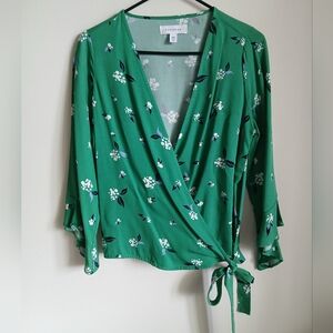 POPSUGAR  Faux Wrap Blouse Sz XS Green floral Bell Sleeve